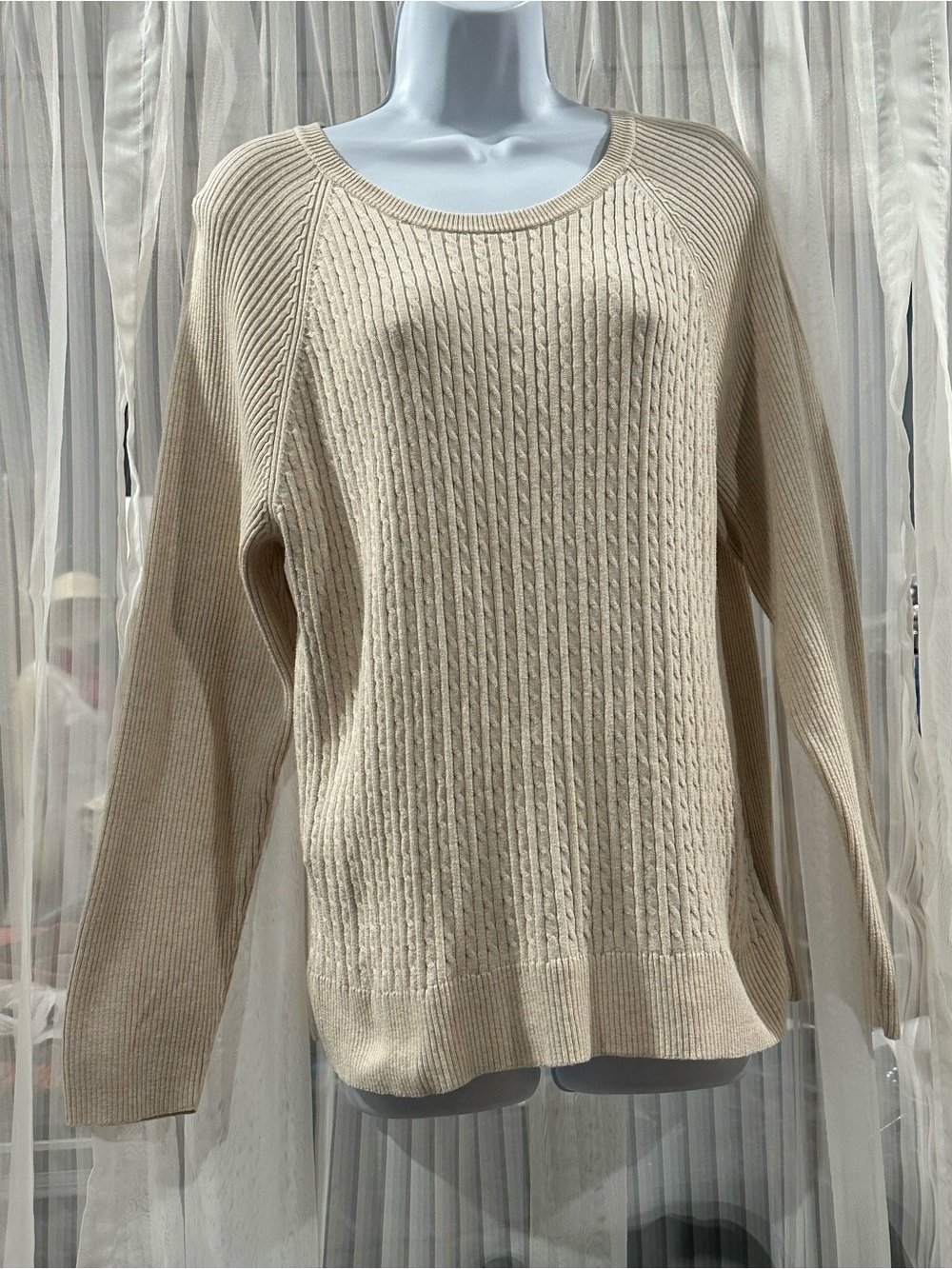 JEANNE PIERRE Beige Cable-Knit Crewneck Sweater - Picture 2 of 7